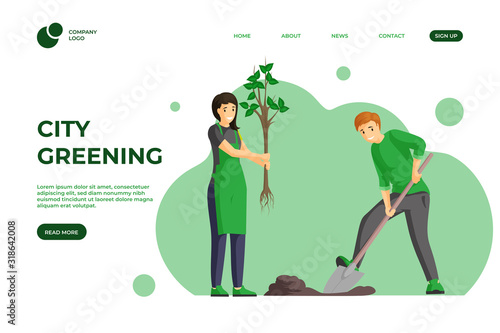 City greening color landing page template. Planting trees, spring gardening works one page website design. Nature care volunteering, eco friendly lifestyle homepage cartoon template with characters