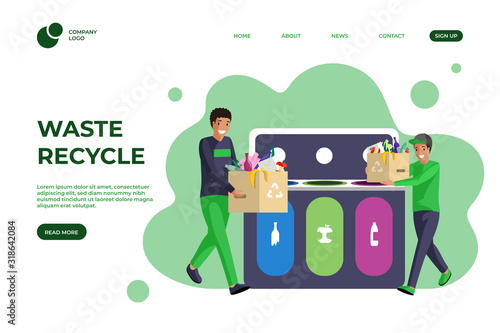 Trash sorting flat landing page template. Waste management, garbage reducing, segregation and recycling one page website design. Eco friendly, sustainable lifestyle homepage cartoon layout