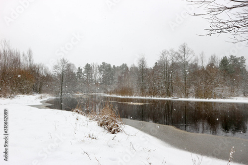 Beautiful winter landscape with river and trees in snowfall
