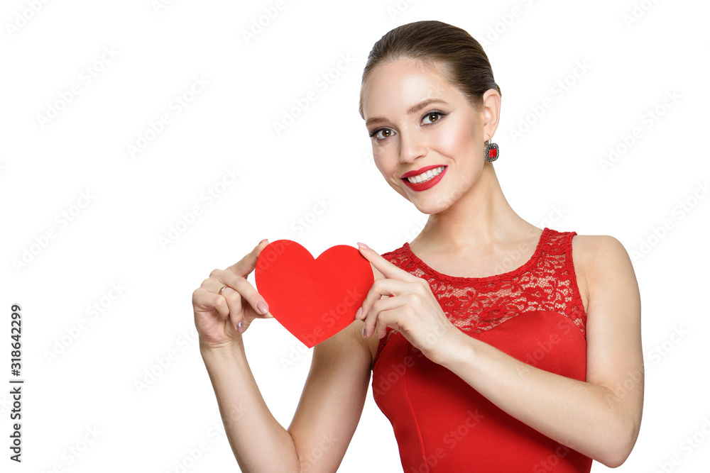 Beauty girl with a red paper heart, isolated on a white background Beauty girl with a red paper heart, isolated on a white background