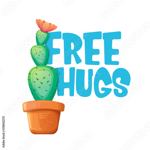 Free hugs text and cartoon green cactus in pot white on violet background. funny houseplant icon with quote or slogan for print on tee. International free hugs day concept