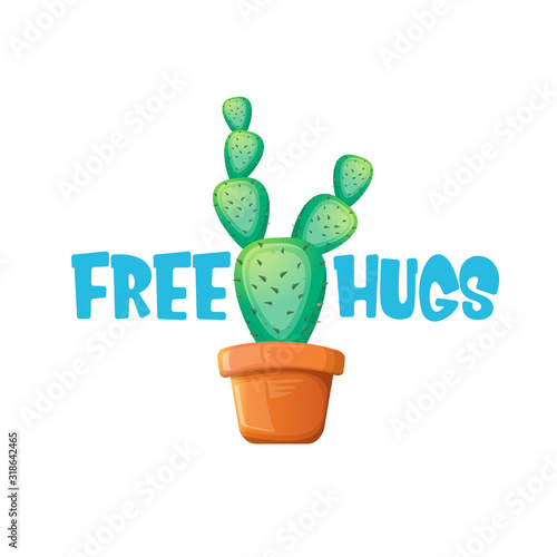 Free hugs text and cartoon green cactus in pot white on violet background. funny houseplant icon with quote or slogan for print on tee. International free hugs day concept