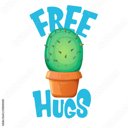 Free hugs text and cartoon green cactus in pot white on violet background. funny houseplant icon with quote or slogan for print on tee. International free hugs day concept