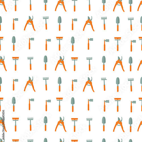 Cartoon color garden tools seamless. Vector farm equipment pattern.