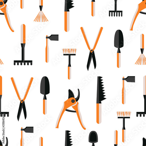 Color cartoon garden tools seamless. Vector farm equipment pattern.
