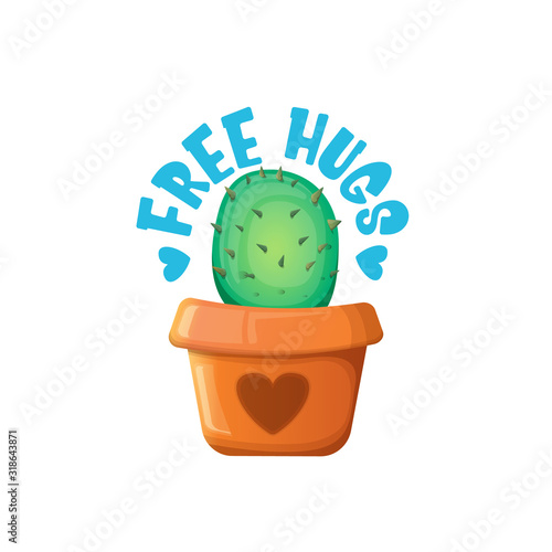 Free hugs text and cartoon green cactus in pot white on violet background. funny houseplant icon with quote or slogan for print on tee. International free hugs day concept
