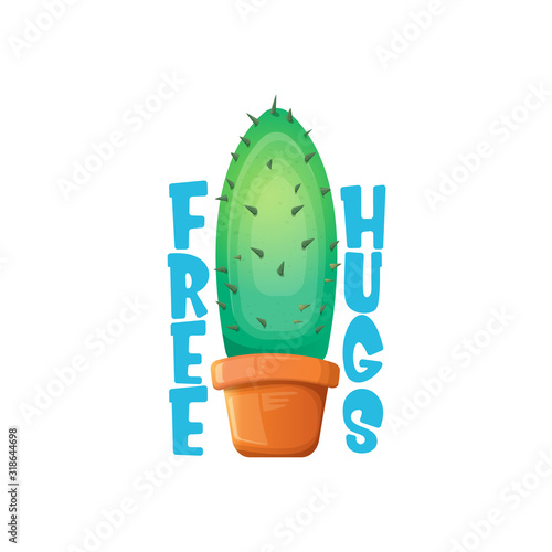 Free hugs text and cartoon green cactus in pot white on violet background. funny houseplant icon with quote or slogan for print on tee. International free hugs day concept