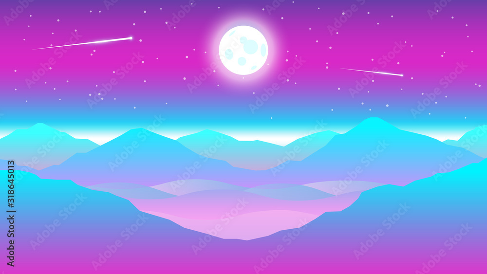 Night view of mountains in fog with horizon line. Vector banner with polygonal landscape illustration. Flat design. Natural wallpapers are a minimalist. Sky background. Night view of mountains in fog with horizon line. Vector banner with polygonal landscape illustration. Flat design. Natural wallpapers are a minimalist. Sky background.