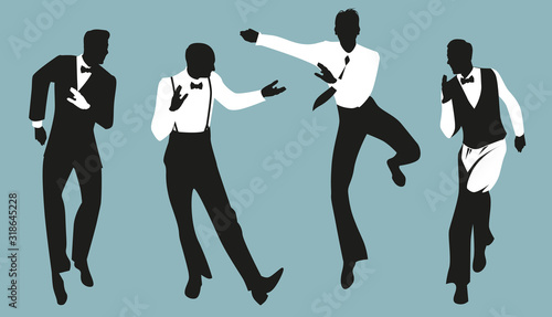 Silhouettes of four elegant man wearing vintage style clothes dancing retro dance