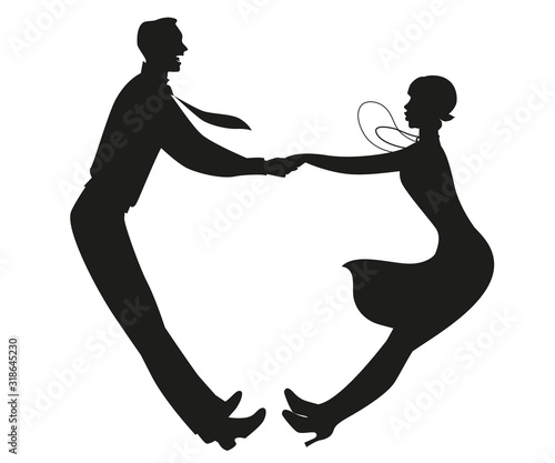 Silhouette of funny couple wearing vintage clothes dancing retro dance isolated on white background