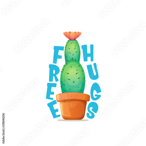 Free hugs text and cartoon green cactus in pot white on violet background. funny houseplant icon with quote or slogan for print on tee. International free hugs day concept