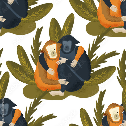 Vector textured gibbon animal seamless pattern in a flat style. Romantic monkey couple hand drawn illustration.
