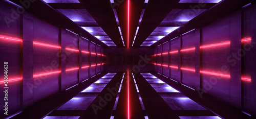 Neon Glowing Fluorescent Blue Red Laser Lights Stage Stadium Studio Hallway Tunnel Corridor Concrete Grunge Alien Modern Empty Futuristic Sci Fi 3D Rendering