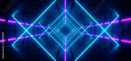 Neon Glowing Fluorescent Blue Purple Triangle Laser Lights Stage Stadium Studio Hallway Tunnel Corridor Concrete Grunge Alien Modern Empty Futuristic Sci Fi 3D Rendering