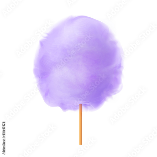 Cotton candy. Realistic purple cotton candy on wooden stick. Summer tasty and sweet snack for children in parks and food festivals. 3d vector realistic illustration isolated on white background