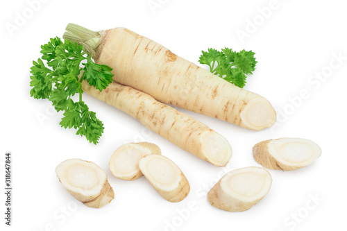 Parsley root with slices and leaves isolated on white background