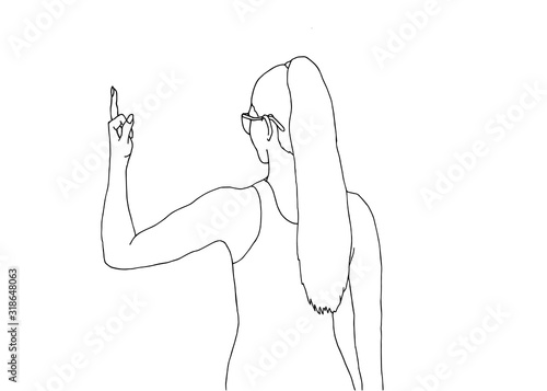 Girl power feminism concept. Young beautiful woman with long hair shows middle finger. Hand dranw vector illustration. photo