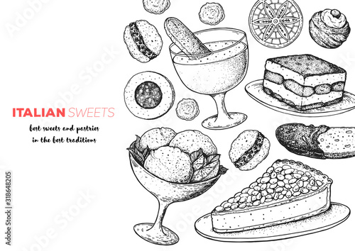 Italian dessert vector illustration. Italian sweet hand drawn sketch. Baking collection Vintage design template. Tiramisu, gelato, torta della nonna, zabaglione, biscotti, zeppole, sfinci illustration