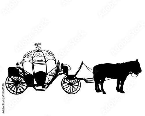 Horses harnessed to a beautiful old carriage. Isolated silhouette on a white background