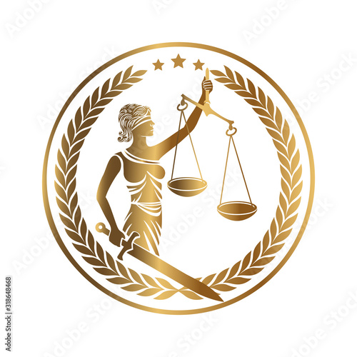 Lady justice, Themis, with sword and scales. Logo or emblem design for Law firm, Lawyer service, Law office. Personification of order, fairness, law, fair trial, rule, statute. Vector illustration.  photo