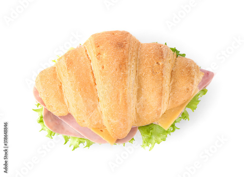 Tasty croissant sandwich with ham isolated on white  top view