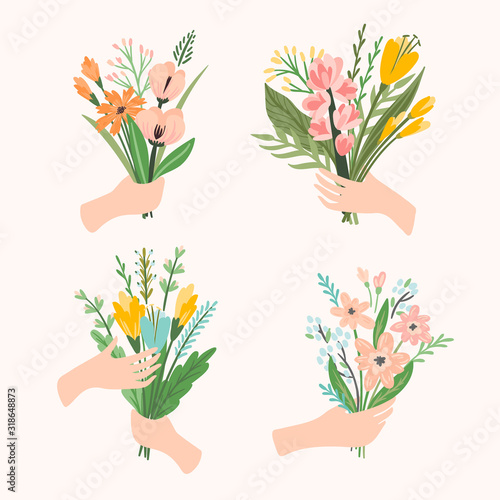 Vector illustration bouquets of flowers in hands. Design template