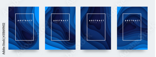 Set of blue abstract 3D backgrounds. Paper cut shapes. Template for banner, brochure, book cover, booklet design. Vector illustration.