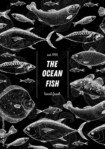 Fish sketch collection. Hand drawn vector illustration. Seafood frame vector illustration. Food menu illustration. Hand drawn tuna, salmon, flounder, cod fish, herring, mackerel. Engraved style.