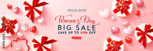 Promotion banner for Women's day sale. Vector illustration with realistic gift boxes, cute hearts and ribbons on pink background. Promo discount poster.