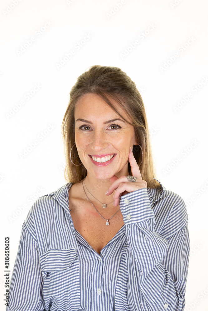beautiful smiling woman touches chin gently smile isolated over white background beautiful smiling woman touches chin gently smile isolated over white background