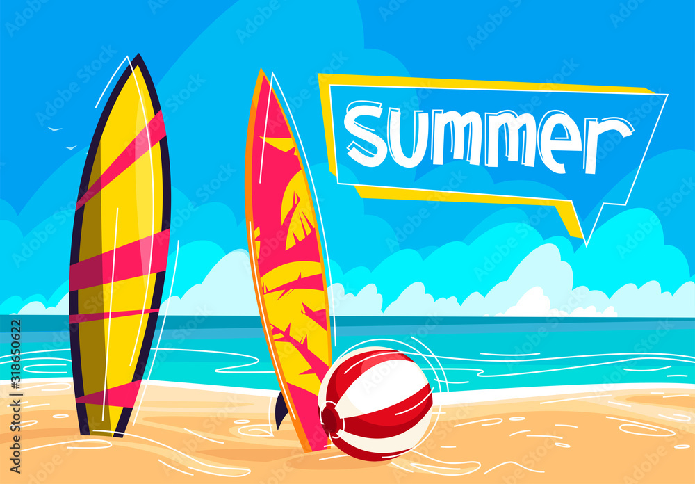 Vector illustration of surfboards standing on the beach on the background of the sea