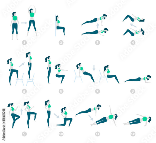 Vector illustration. Flat design, trendy style. White background isolated. HIIT, high intensity interval training, fitness exercise. Collection of characters of sports young girls. Work on yourself