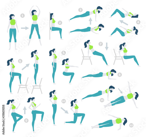 HIIT, high intensity interval training, fitness exercise. Set of exercises for losing weight. Women's fitness. Improving. Vector illustration. Flat design, trendy style. White background isolated. 