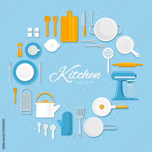 ector illustration. Kitchen set. Cooking utensils collection. Flat design style. Place for your text