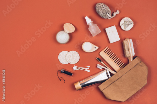 Zero waste cosmetics travel set. Flat lay style photo