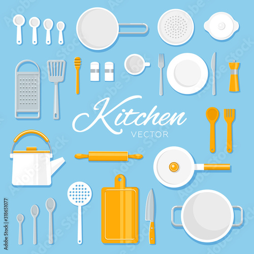 ector illustration. Kitchen set. Cooking utensils collection. Flat design style. Place for your text