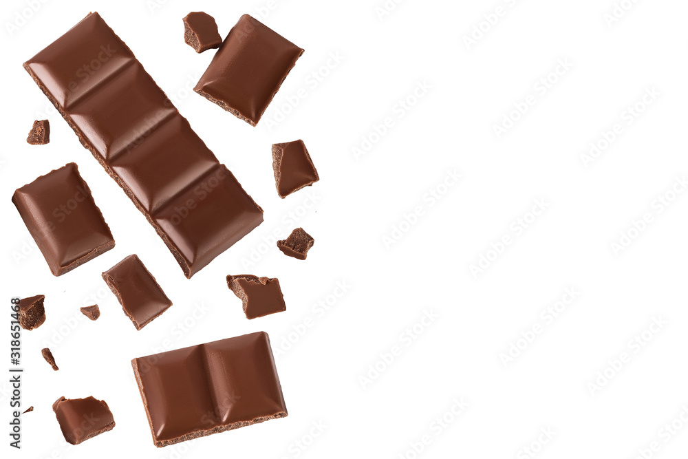 Fototapeta premium piece of chocolate isolated on white background with clipping path. . Top view with copy space for your text. Flat lay.