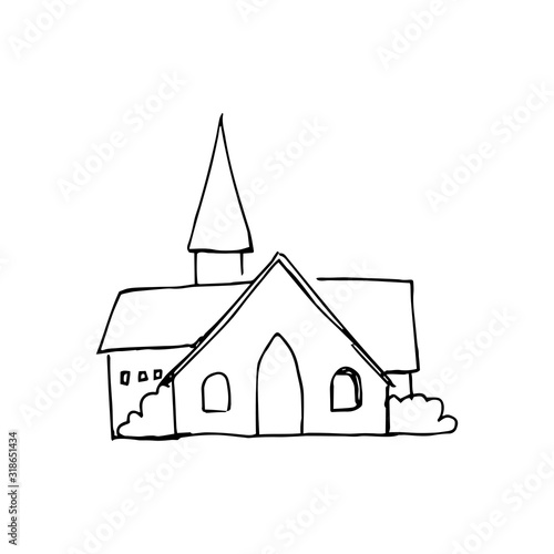 vector sketch of a rural chapel in vintage style. Hand-drawn illustration of the exterior of a vintage chapel. Black outline drawing on a white background isolated