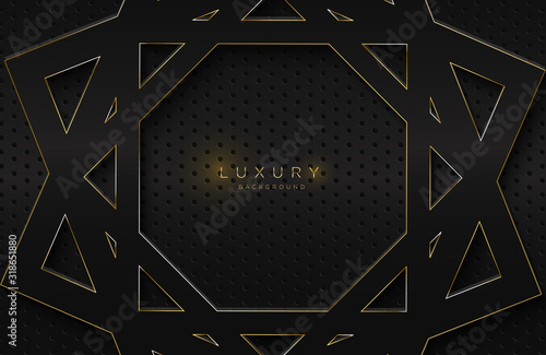 Abstract Realistic 3d background with glossy gold geometric shape. Vector geometric illustration on black surface. Graphic design element. Luxurious Elegant template