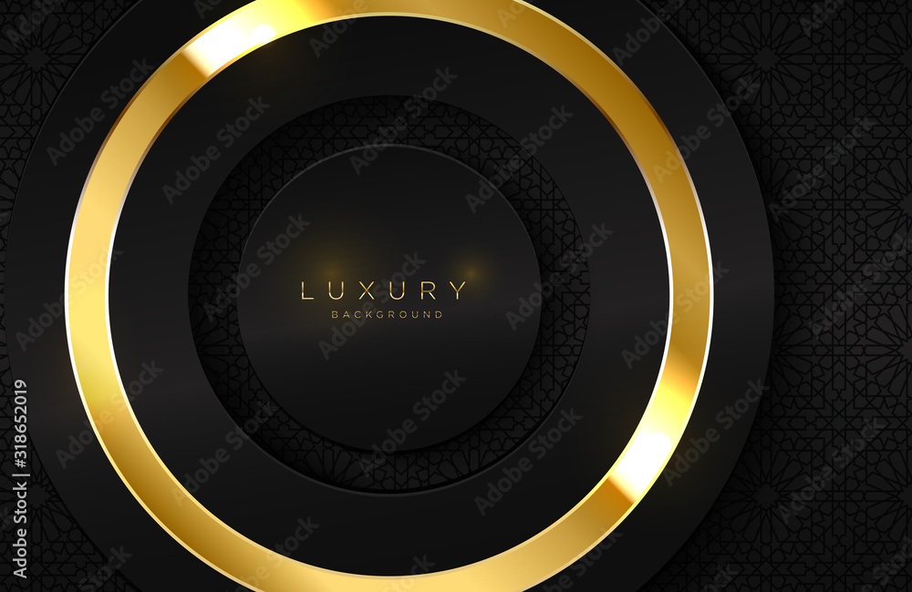 Realistic 3d background with shiny gold ring shape. Vector golden circle shape on black surface Graphic design element. Luxurious Elegant template Realistic 3d background with shiny gold ring shape. Vector golden circle shape on black surface Graphic design element. Luxurious Elegant template