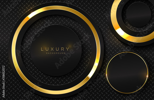 Realistic 3d background with shiny gold ring shape. Vector golden circle shape on black surface Graphic design element. Luxurious Elegant template