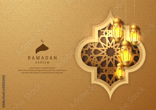 Ramadan Kareem greeting card design. Golden hanging Ramadan lanterns.  Islamic celebration. arabian background