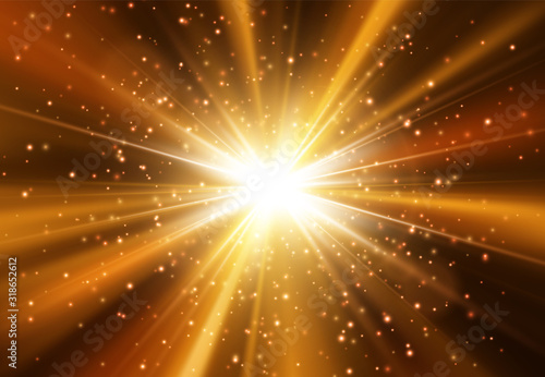 Star burst with sparkles. Light effect. Gold glitter texture.