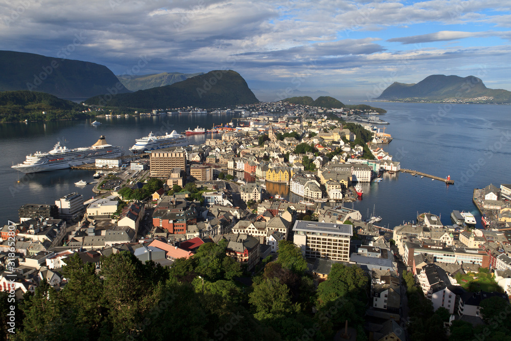 top view of the art nouveau city of alesund in Norway