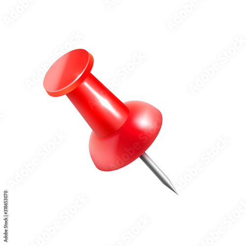 Realistic vector plastic glossy red push pin 3D vector icon on white background.