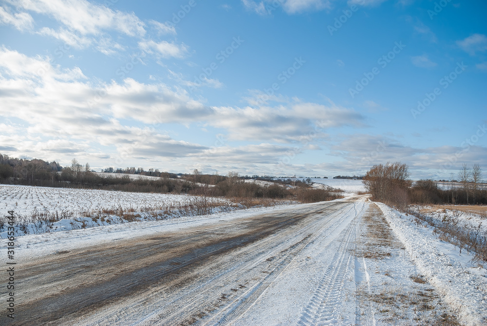 winter road blue sky Sunny day winter road blue sky Sunny day
