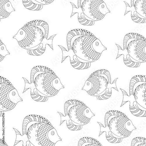 seamless pattern Fish, ornamental graphic fish, floral line pattern. Vector. Zentangle doodle. Coloring book page for adult. Hand drawn artwork. concept for restaurant menu card. Black and white