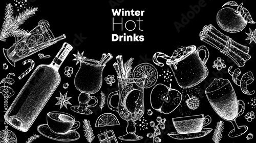 Hot drinks. Mulled wine, winter hot drink top view. Hand drawn sketch. Vector illustration. Christmas design template. Sketch collection. Christmas bar menu. Mulled wine, coffee and tea. Packaging