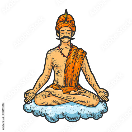 Yogi meditating and floating on cloud sketch engraving vector illustration. Scratch board style imitation. Black and white hand drawn image.