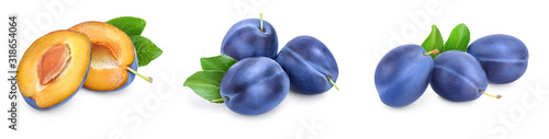 fresh blue plum with leaves isolated on white background. Set or collection